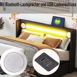 ProximaX Lit double 140x200 cm en similicuir noir avec LED, lecteur Bluetooth, ports USB et rangement, lit pratique et moderne