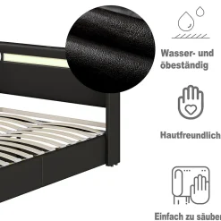 ProximaX Lit double 140x200 cm en similicuir noir avec LED, lecteur Bluetooth, ports USB et rangement, lit pratique et moderne