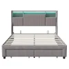 ProximaX Lit double 140x200 cm en tissu lin gris, avec 2 tiroirs, tête de lit à poches latérales, rangements intégrés et éclairage LED