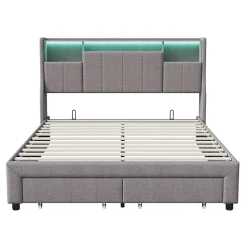 ProximaX Lit double 140x200 cm en tissu lin gris, avec 2 tiroirs, tête de lit à poches latérales, rangements intégrés et éclairage LED