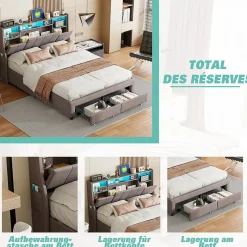 ProximaX Lit double 140x200 cm en tissu lin gris, avec 2 tiroirs, tête de lit à poches latérales, rangements intégrés et éclairage LED