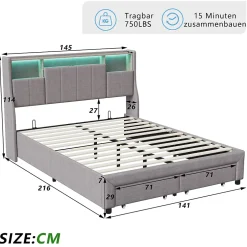 ProximaX Lit double 140x200 cm en tissu lin gris, avec 2 tiroirs, tête de lit à poches latérales, rangements intégrés et éclairage LED