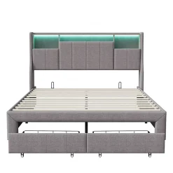 ProximaX Lit double 140x200 cm en tissu lin gris, avec 2 tiroirs, tête de lit à poches latérales, rangements intégrés et éclairage LED