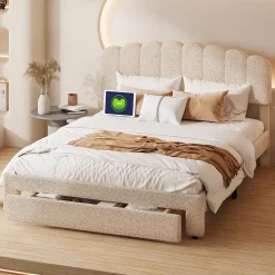 ProximaX Lit double 160x200 cm en tissu teddy beige, Tiroirs de rangement au pied du lit et ports USB intégrés