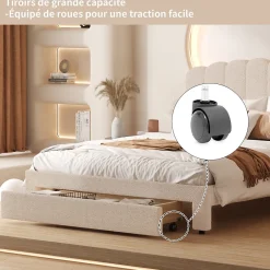 ProximaX Lit double 160x200 cm en tissu teddy beige, Tiroirs de rangement au pied du lit et ports USB intégrés