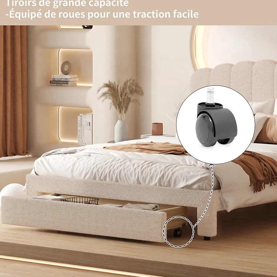 ProximaX Lit double 160x200 cm en tissu teddy beige, Tiroirs de rangement au pied du lit et ports USB intégrés