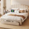 ProximaX Lit double 140x200 cm en tissu teddy beige, Tiroirs de rangement au pied du lit et ports USB intégrés