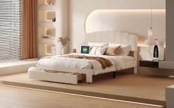 ProximaX Lit double 140x200 cm en tissu teddy beige, Tiroirs de rangement au pied du lit et ports USB intégrés