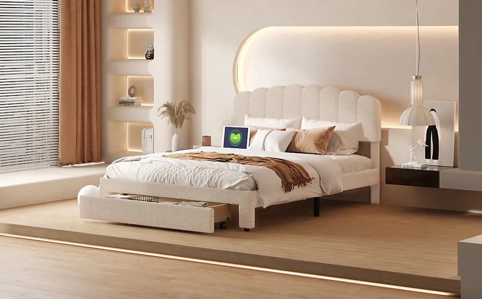 ProximaX Lit double 140x200 cm en tissu teddy beige, Tiroirs de rangement au pied du lit et ports USB intégrés