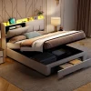 Generique Lit double 160x200 cm en velours beige, avec rangement, LED et ports USB