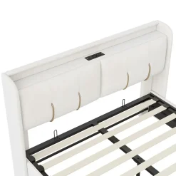 Generique Lit double 160x200 cm en velours beige, avec rangement, LED et ports USB