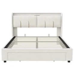 Generique Lit double 160x200 cm en velours beige, avec rangement, LED et ports USB