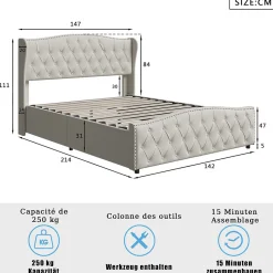 ProximaX Lit double 140x200 cm en velours blanc cassé avec clous décoratifs, motif ondulé, sommier à lattes et rangement
