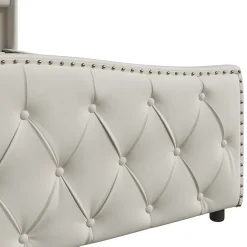 ProximaX Lit double 140x200 cm en velours blanc cassé avec clous décoratifs, motif ondulé, sommier à lattes et rangement