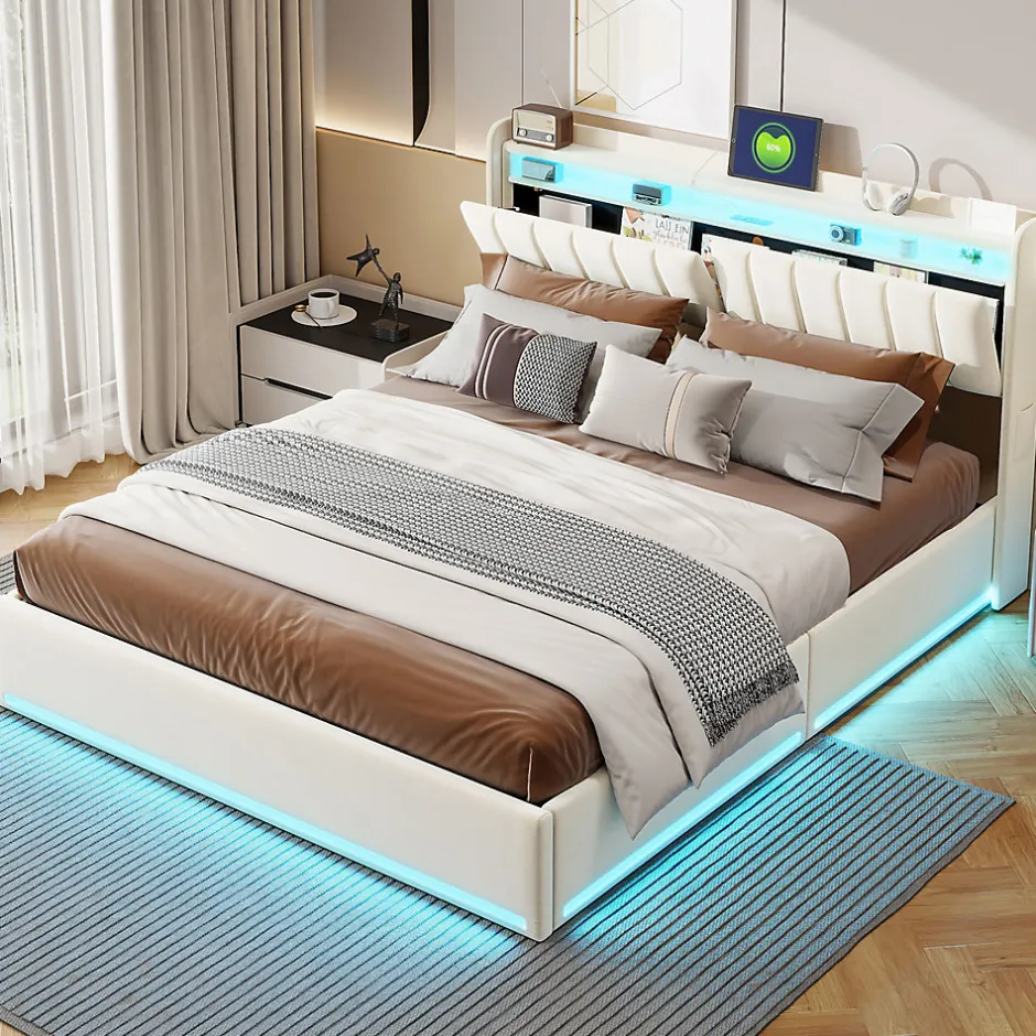 ProximaX Lit double 160x200 cm en velours beige avec éclairage LED RGB, ports USB & Type-C, tête de lit avec rangement et 4 tiroirs
