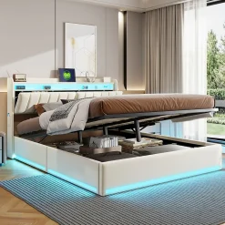ProximaX Lit double 160x200 cm en velours beige avec éclairage LED RGB, ports USB & Type-C, tête de lit avec rangement et 4 tiroirs