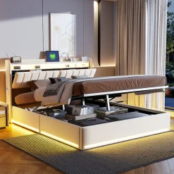 ProximaX Lit double 160x200 cm en velours beige avec éclairage LED RGB, ports USB & Type-C, tête de lit avec rangement et 4 tiroirs