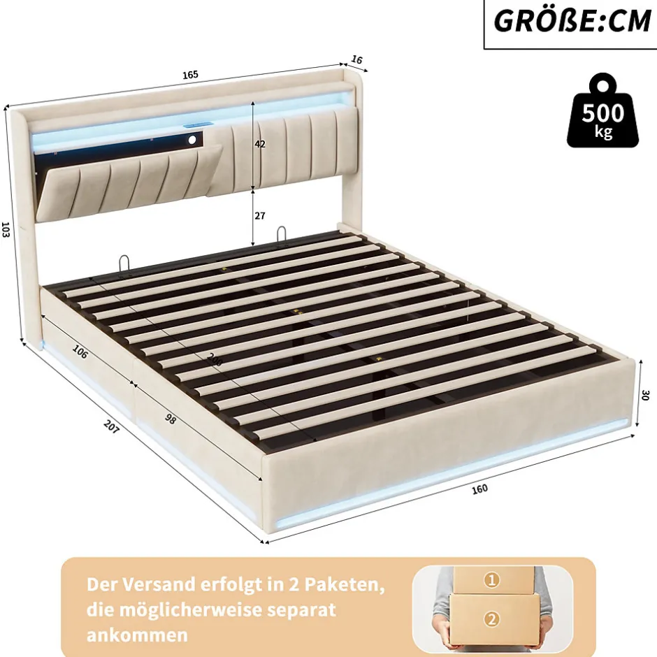 ProximaX Lit double 160x200 cm en velours beige avec éclairage LED RGB, ports USB & Type-C, tête de lit avec rangement et 4 tiroirs