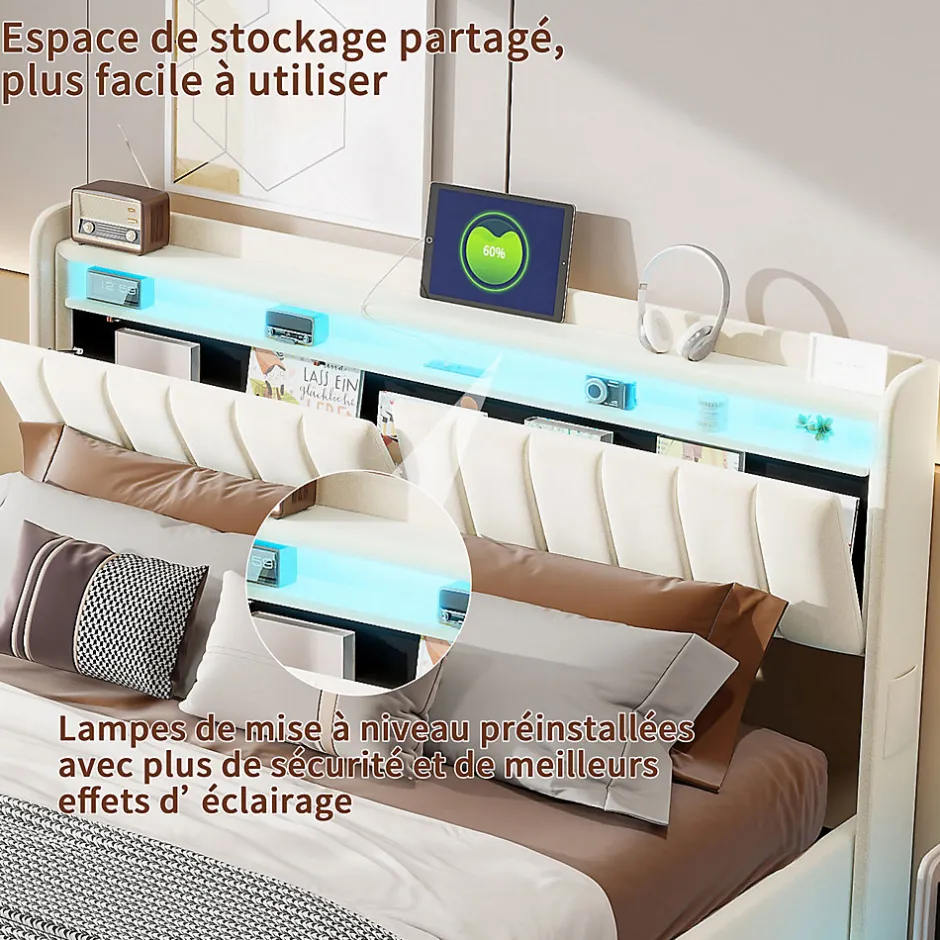 ProximaX Lit double 160x200 cm en velours beige avec éclairage LED RGB, ports USB & Type-C, tête de lit avec rangement et 4 tiroirs