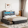 Simple Life Lit double 140x190 cm en velours gris avec LED,USB, sommier à lattes, tête de lit rangement et 4 tiroirs, Velours, Beige Sale