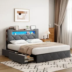 Simple Life Lit double 140x190 cm en velours gris avec LED,USB, sommier à lattes, tête de lit rangement et 4 tiroirs, Velours, Beige Sale