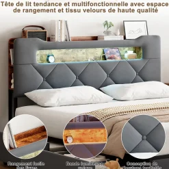 Simple Life Lit double 140x190 cm en velours gris avec LED,USB, sommier à lattes, tête de lit rangement et 4 tiroirs, Velours, Beige Sale