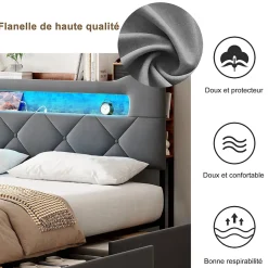 Simple Life Lit double 140x190 cm en velours gris avec LED,USB, sommier à lattes, tête de lit rangement et 4 tiroirs, Velours, Beige Sale