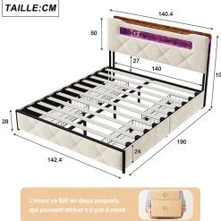 Simple Life Lit double 140x190 cm en velours gris avec LED,USB, sommier à lattes, tête de lit rangement et 4 tiroirs, Velours, Beige Sale