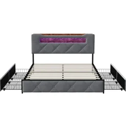 Simple Life Lit double 140x190 cm en velours gris avec LED,USB, sommier à lattes, tête de lit rangement et 4 tiroirs, Velours, Beige Sale
