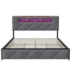 Simple Life Lit double 140x190 cm en velours gris avec LED,USB, sommier à lattes, tête de lit rangement et 4 tiroirs, Velours, Beige Sale