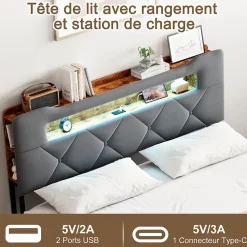 Simple Life Lit double 140x190 cm en velours gris avec LED,USB, sommier à lattes, tête de lit rangement et 4 tiroirs, Velours, Beige Sale