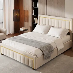 ProximaX Lit double 160x200 cm en velours avec bordure dorée, tête de lit capitonnée, lit coffre avec espace de rangement, Beige