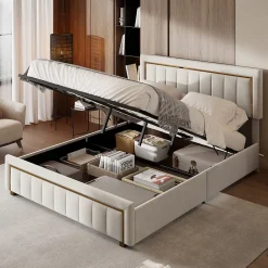 ProximaX Lit double 160x200 cm en velours avec bordure dorée, tête de lit capitonnée, lit coffre avec espace de rangement, Beige