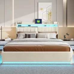 ProximaX Lit double 140x200 cm en velours beige avec éclairage LED RGB, ports USB & Type-C, tête de lit avec rangement