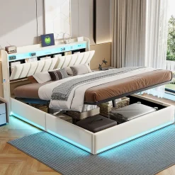 ProximaX Lit double 140x200 cm en velours beige avec éclairage LED RGB, ports USB & Type-C, tête de lit avec rangement