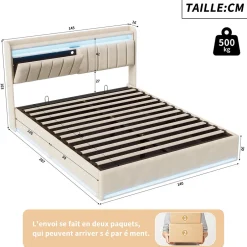 ProximaX Lit double 140x200 cm en velours beige avec éclairage LED RGB, ports USB & Type-C, tête de lit avec rangement