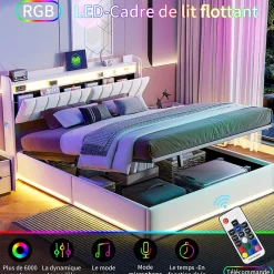 ProximaX Lit double 140x200 cm en velours beige avec éclairage LED RGB, ports USB & Type-C, tête de lit avec rangement