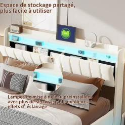 ProximaX Lit double 140x200 cm en velours beige avec éclairage LED RGB, ports USB & Type-C, tête de lit avec rangement