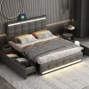 ProximaX Lit double 140x200 cm gris tissu avec LED, 4 tiroirs, 2 ports USB, cadre avec tête et pied LED, Lit plateforme avec rangement Clearance