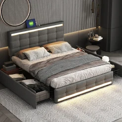 ProximaX Lit double 140x200 cm gris tissu avec LED, 4 tiroirs, 2 ports USB, cadre avec tête et pied LED, Lit plateforme avec rangement Clearance