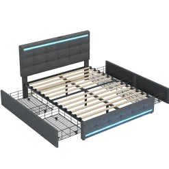 ProximaX Lit double 140x200 cm gris tissu avec LED, 4 tiroirs, 2 ports USB, cadre avec tête et pied LED, Lit plateforme avec rangement Clearance