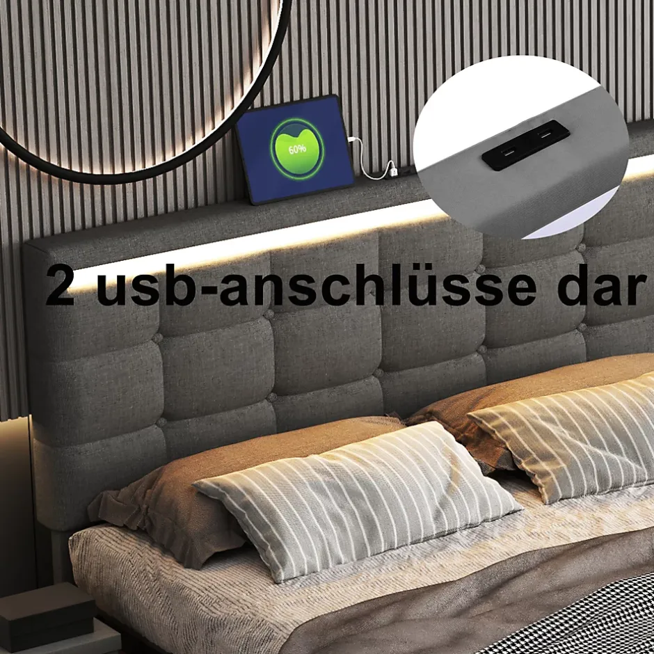 ProximaX Lit double 140x200 cm gris tissu avec LED, 4 tiroirs, 2 ports USB, cadre avec tête et pied LED, Lit plateforme avec rangement Clearance