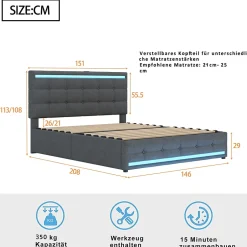 ProximaX Lit double 140x200 cm gris tissu avec LED, 4 tiroirs, 2 ports USB, cadre avec tête et pied LED, Lit plateforme avec rangement Clearance