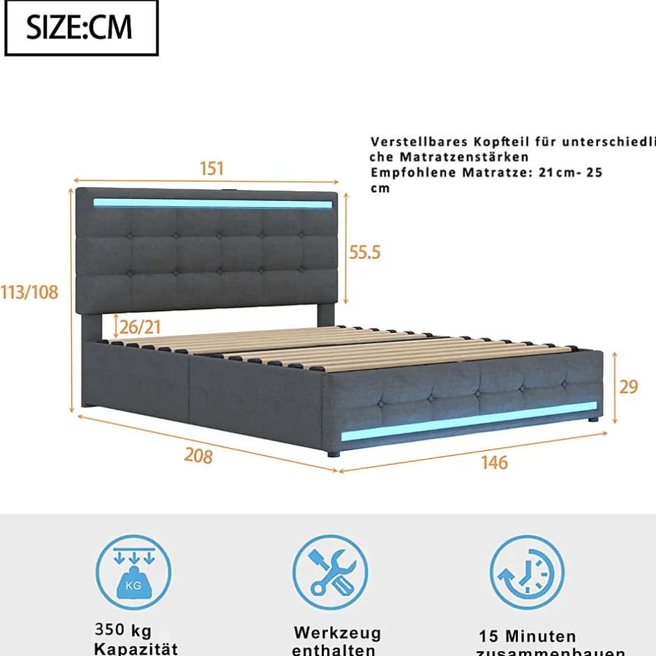 ProximaX Lit double 140x200 cm gris tissu avec LED, 4 tiroirs, 2 ports USB, cadre avec tête et pied LED, Lit plateforme avec rangement Clearance