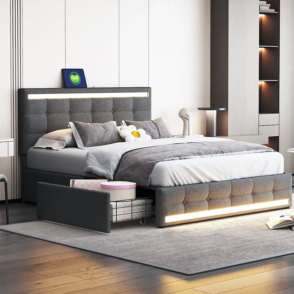 ProximaX Lit double 140x200 cm gris tissu avec LED, 4 tiroirs, 2 ports USB, cadre avec tête et pied LED, Lit plateforme avec rangement Clearance