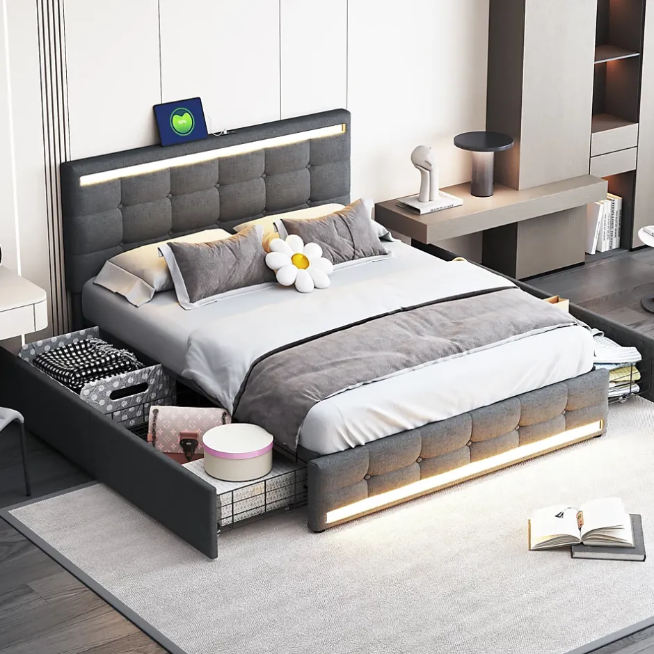 ProximaX Lit double 140x200 cm gris tissu avec LED, 4 tiroirs, 2 ports USB, cadre avec tête et pied LED, Lit plateforme avec rangement Clearance