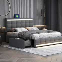 ProximaX Lit double 140x200 cm gris tissu avec LED, 4 tiroirs, 2 ports USB, cadre avec tête et pied LED, Lit plateforme avec rangement Clearance