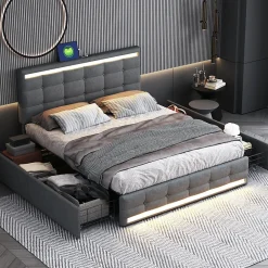 ProximaX Lit double 140x200 cm gris tissu avec LED, 4 tiroirs, 2 ports USB, cadre avec tête et pied LED, Lit plateforme avec rangement Clearance