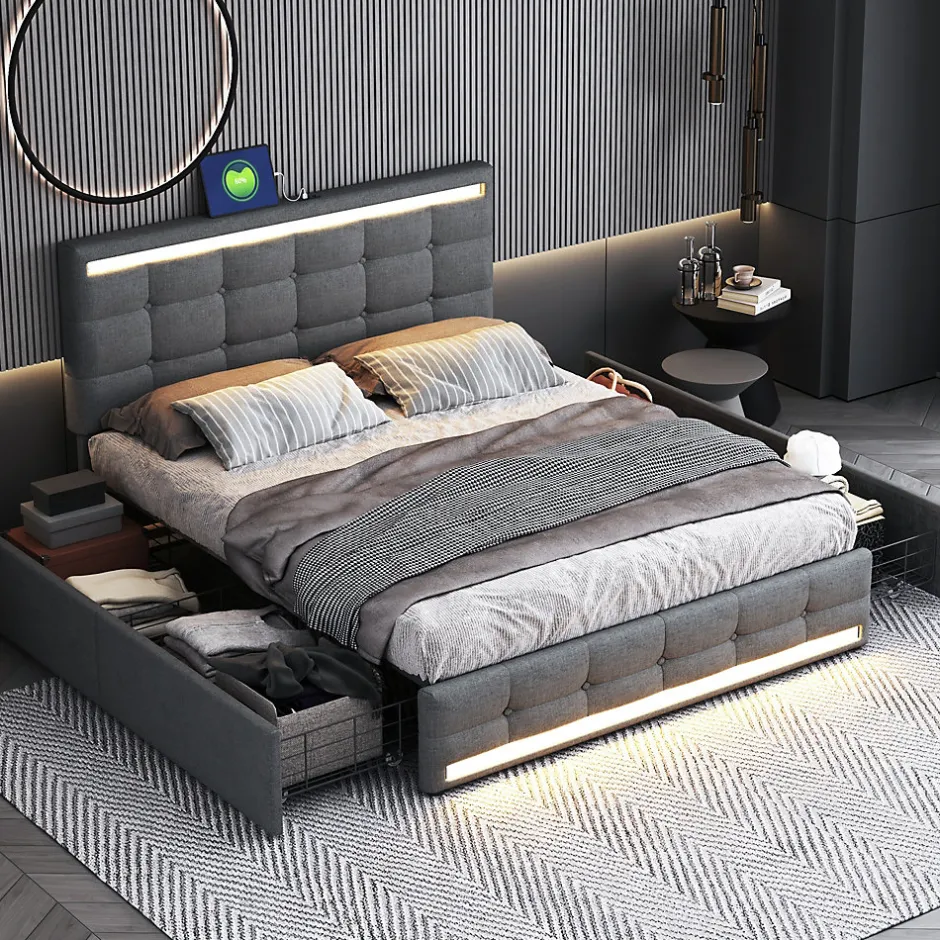 ProximaX Lit double 140x200 cm gris tissu avec LED, 4 tiroirs, 2 ports USB, cadre avec tête et pied LED, Lit plateforme avec rangement Clearance
