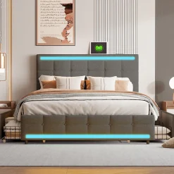 Simple Life Lit double 140x200 cm, LED, 4 tiroirs, tête de lit avec USB, tissu lin gris